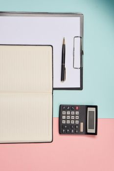 folder for papers office accessories notepad colorful background business tools. High quality photo