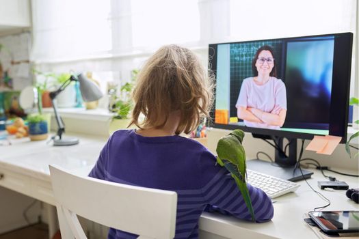 Child preteen girl studying at home using video lesson on computer. Online learning, remote lessons, e-education, technologies in education