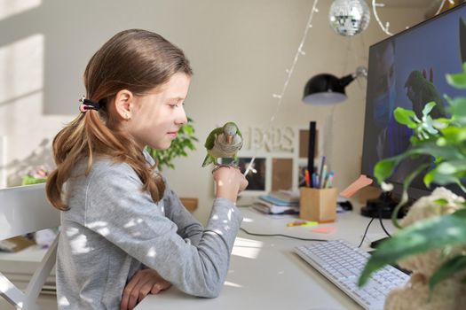 Girl and pet green parrot together at home, child watches video on computer, veterinarian doctor's consultation on the care and lifestyle of Quaker parrots. Bird care, children and animals friendship