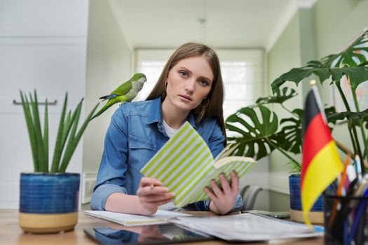 Female student looking talking to webcam, headshot portrait of young woman studying online, studying German, flag of Germany on table. E-education, e-learning, distance learning