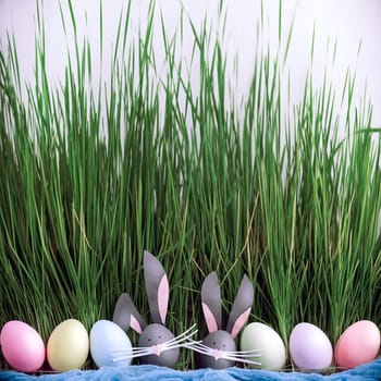 Cute creative photo with easter eggs, some eggs as the Easter Bunny