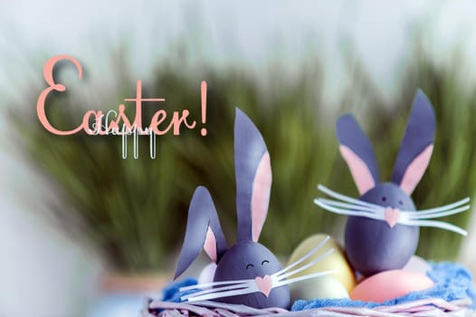 Cute creative photo with easter eggs, some eggs as the Easter Bunny