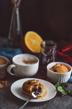 spring breakfast with muffins in rustic style