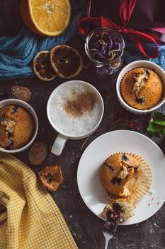 spring breakfast with muffins in rustic style