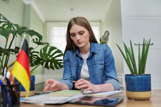 Female student looking talking to webcam, headshot portrait of young woman studying online, studying German, flag of Germany on table. E-education, e-learning, distance learning