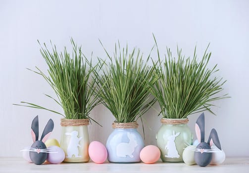 Cute creative photo with easter eggs, some eggs as the Easter Bunny