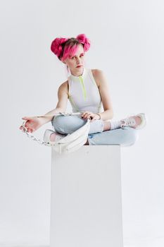 pretty woman pink hair fashion clothes posing fun. High quality photo