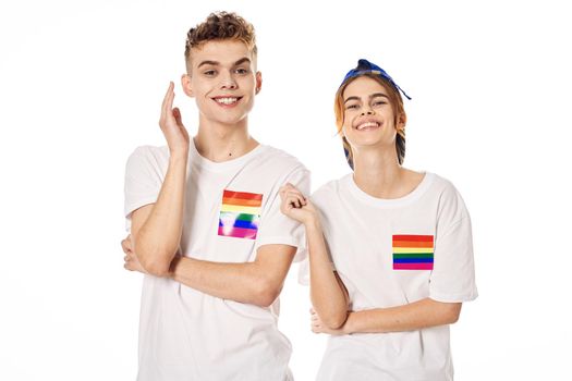 young couple lgbt community flag transgender lifestyle. High quality photo