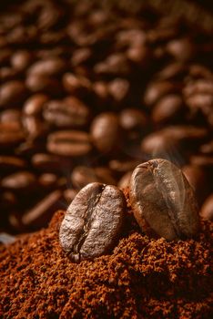 coffee beans lying on a mound of coffee