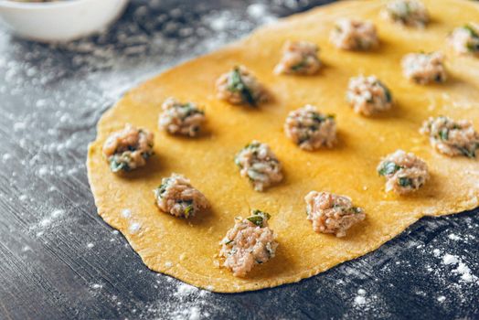 Woman chef cooks step by step the traditional ravioli