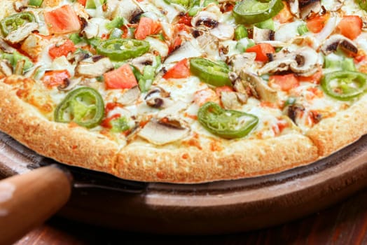 classic Italian pizza on a wooden tray, served in a small authentic Italian restaurant