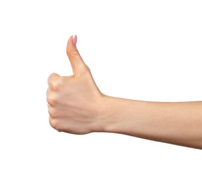 Female hand showing thumb up sign isolated on white background