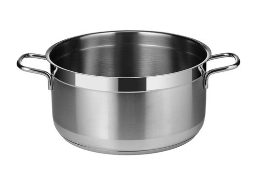 Stainless steel pot isolated on white background. Close up.