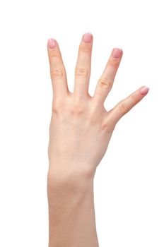 Female hand showing four fingers isolated on white background