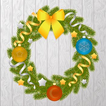 Christmas wreath of branches of spruce or pine on wooden background. Christmas decorations. Christmas tree. illustration isolated on white background.