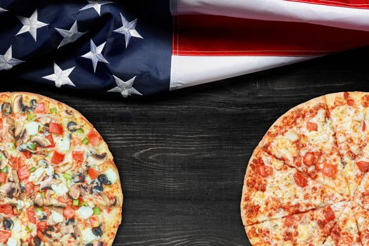 American flag and pizza with place for text