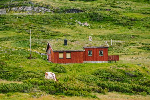 hut wooden mountain huts in mountain pass Norway. Norwegian landscape with typical scandinavian grass roof houses. Mountain village with small houses and wooden cabins with grass on roof in valley.