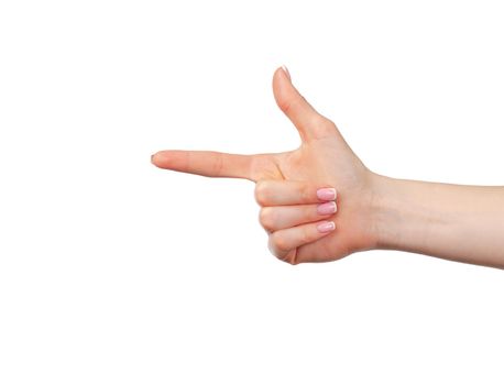 Female hand pointing to the left with her finger isolated on white