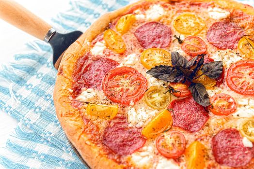 pepperoni italian pizza with salami and cheese on rustic wooden white background