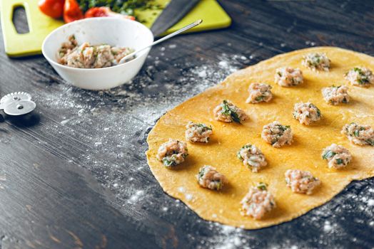 Woman chef cooks step by step the traditional ravioli