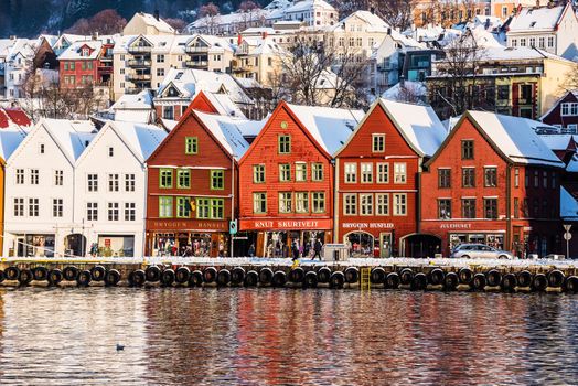 Bergen, Norway - December 27, 2014: Famous Bryggen and old houses in the center of Bergen at Christmas, Norway