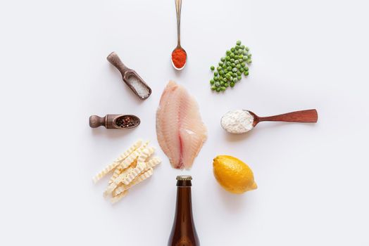 set of ingredients for the preparation of the classic English dish fish and chips