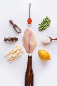 set of ingredients for the preparation of the classic English dish fish and chips