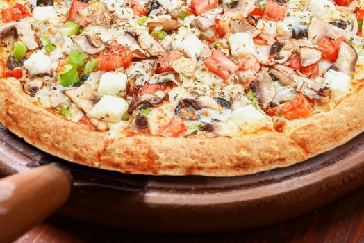 classic Italian pizza on a wooden tray, served in a small authentic Italian restaurant