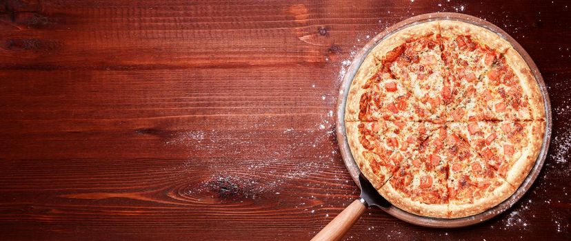 fresh american pizza on wooden table with space for text