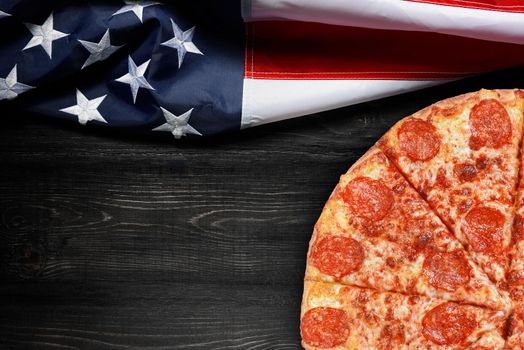 American flag and pizza with place for text