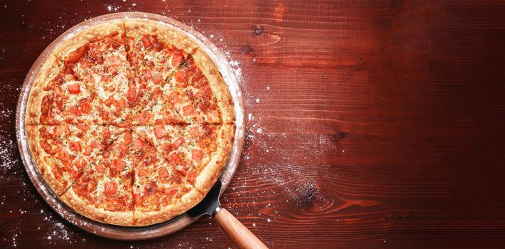 fresh american pizza on wooden table with space for text