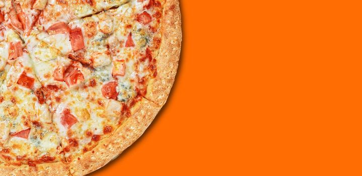 pizza on a colored surface with place for text