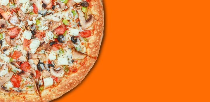 pizza on a colored surface with place for text