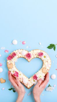 festive dessert heart cake. vertical frame.