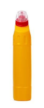 Orange plastic bottle of liquid detergent isolated on white background