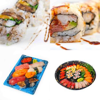 selection of many Japanese sushi dish collage over white frame 