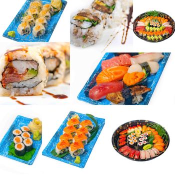 selection of many Japanese sushi dish collage over white frame 