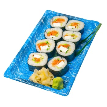 take away selection of fresh sushi express on plastic tray 