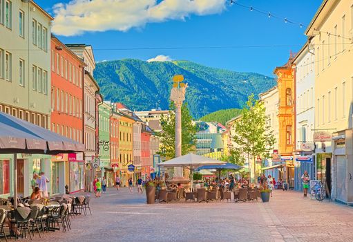 Villach - July 2020, Austria: view of the main street and square of the small Austrian town of Villach