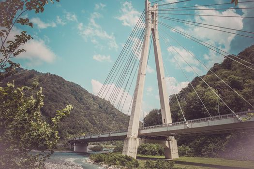 Cable-stayed bridge in Sochi, Russia on the road to Krasnaya Polyana.