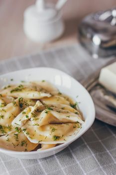 Dumplings, filled with meat and served with fried onion and meat pieces. Varenyky, vareniki, pierogi, pyrohy. Dumplings with filling