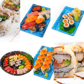 selection of many Japanese sushi dish collage over white frame 