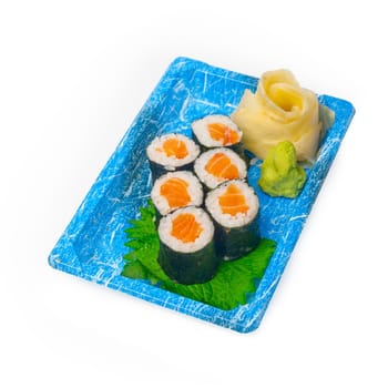 take away selection of fresh sushi express on plastic tray 
