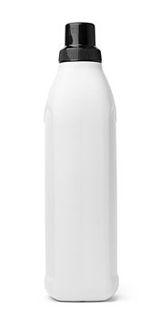 White plastic bottle of washing liquid isolated on white background, close up