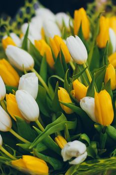 Still life with white and yeallow tulips bouquet .