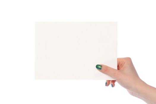 Woman's hand showing white paper banner isolated on white background