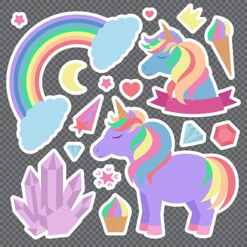Cute unicorns and other elements. Set of stickers on background.