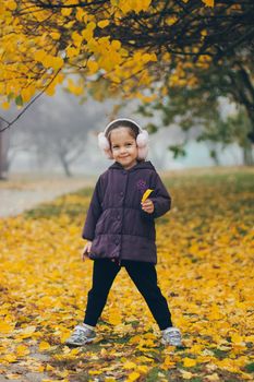 Adorable funny naughty little girl in the park on beautiful autumn day.