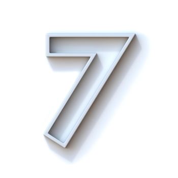 Grey extruded outlined font with shadow Number 7 SEVEN 3D rendering illustration isolated on white background