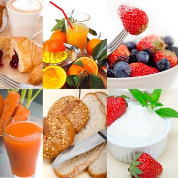 ealthy fresh nutritious vegetarian breakfast collage composition set